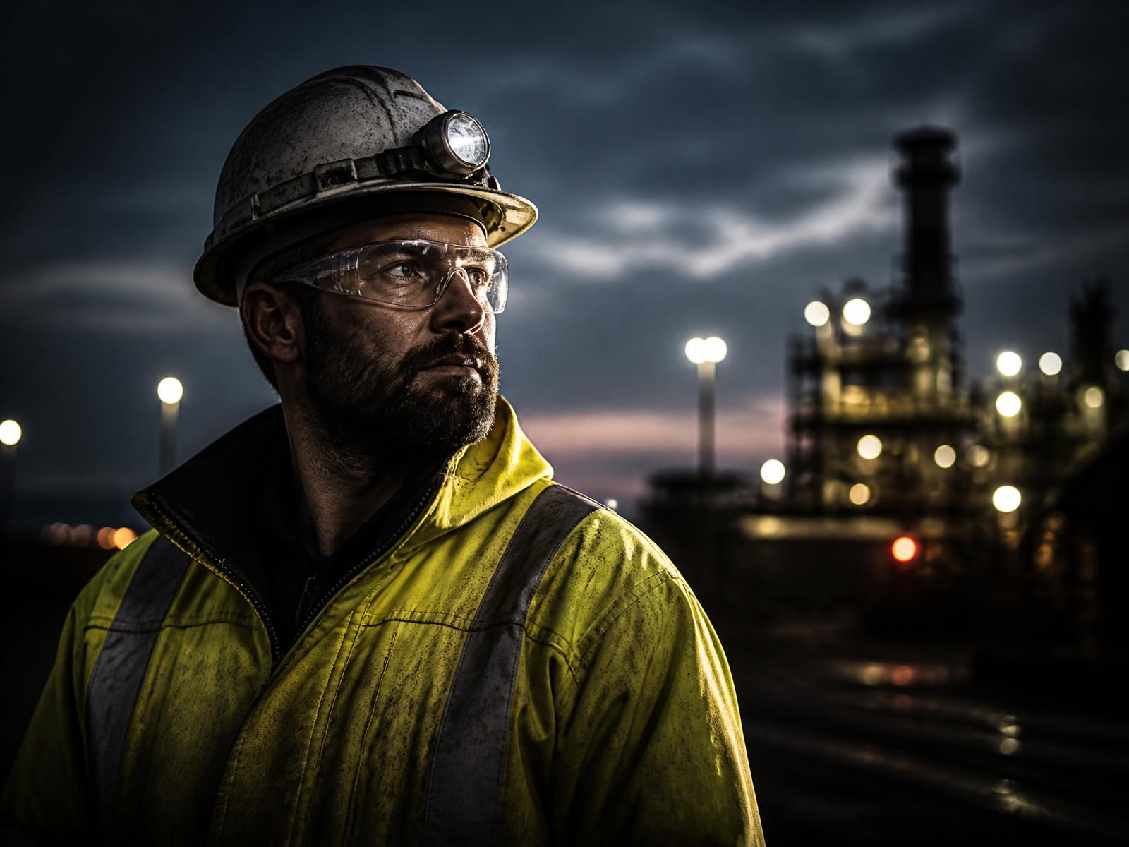 Muncitor echipat cu jachetă hi-vis și cască de protecție pe un șantier industrial